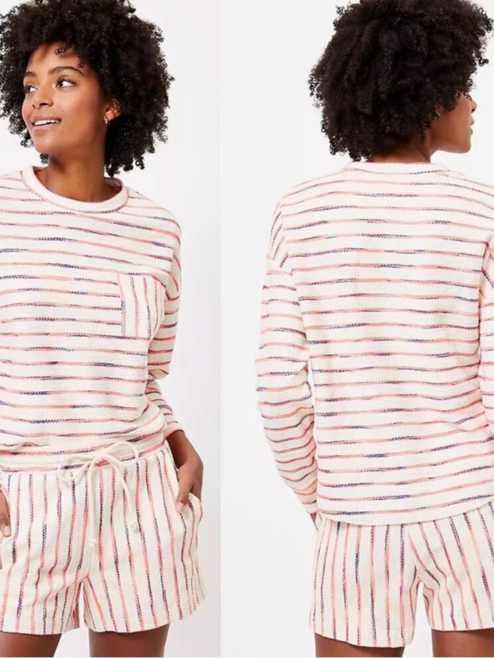 Cozy Striped Terry Lounge Set - Cream with Pink & Blue Stripes